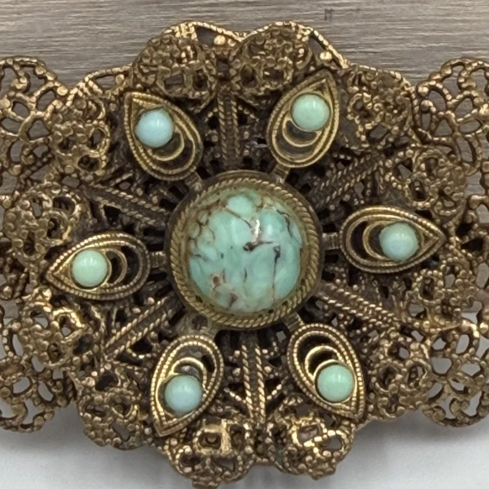 Vtg Brass Gold Tone Filigree Bow Tie Brooch / Pin Gilt Turquoise Stone Accent